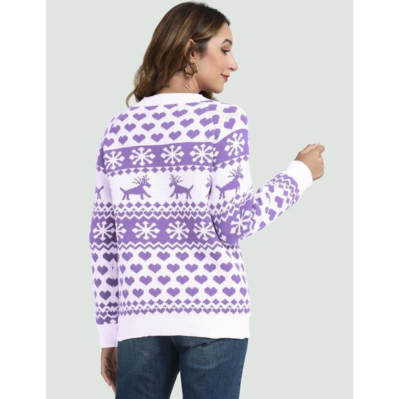 Women Ugly Christmas Purple Sweater Reindeer Snowflake Knit Pullover Crew Neck - Picture 5 of 6